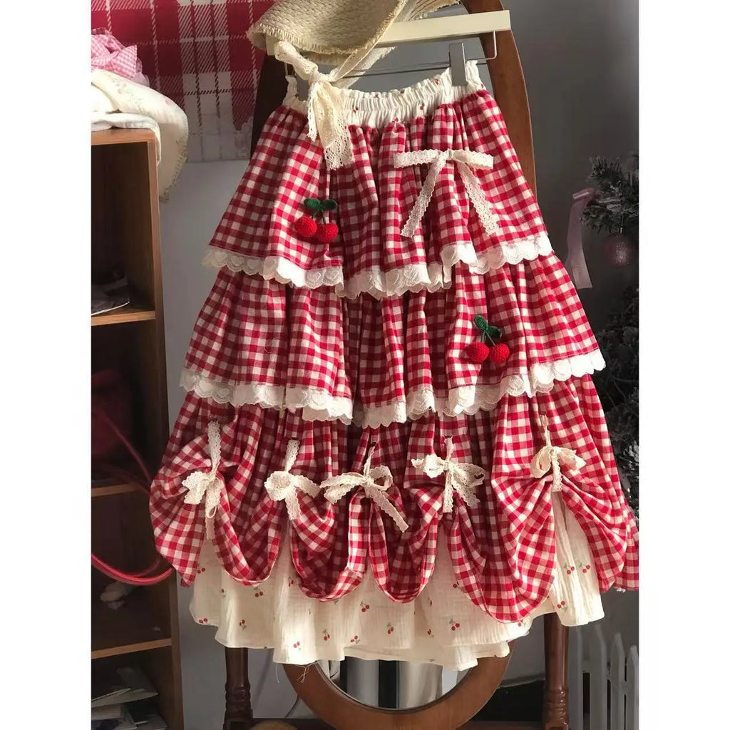 Sweet Multi-Layered Ruffle Cake Skirt Women's Parisian Cottagecore Cherry Design Lace Half Skirt Fresh And Cute Style Midi Skirt