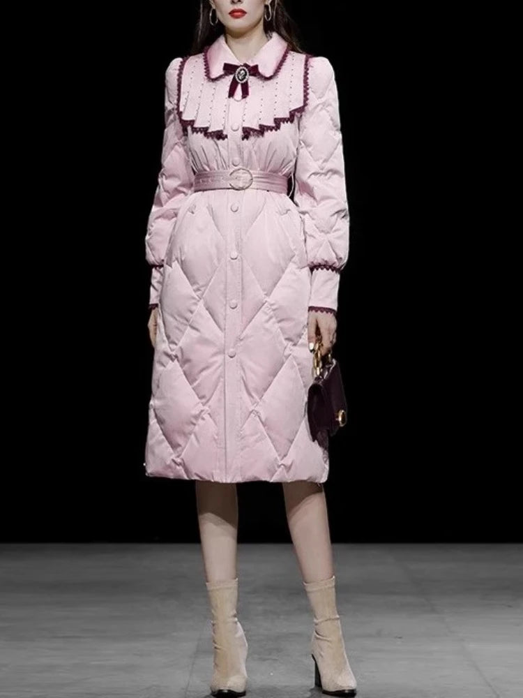 The Grand Trianon Gown Coat | Parisian Longline Bow-Waist Puffer | Elegant Doll Collar Lace-Up Down Jacket | Parisian Princess