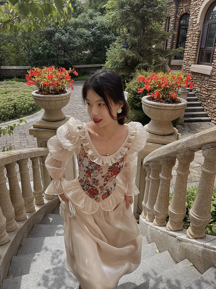 The Trianon Fairy Midi | Vintage Floral Puff Sleeve Prom Dress | Elegant Luxury Print Summer Gown | Parisian Princess