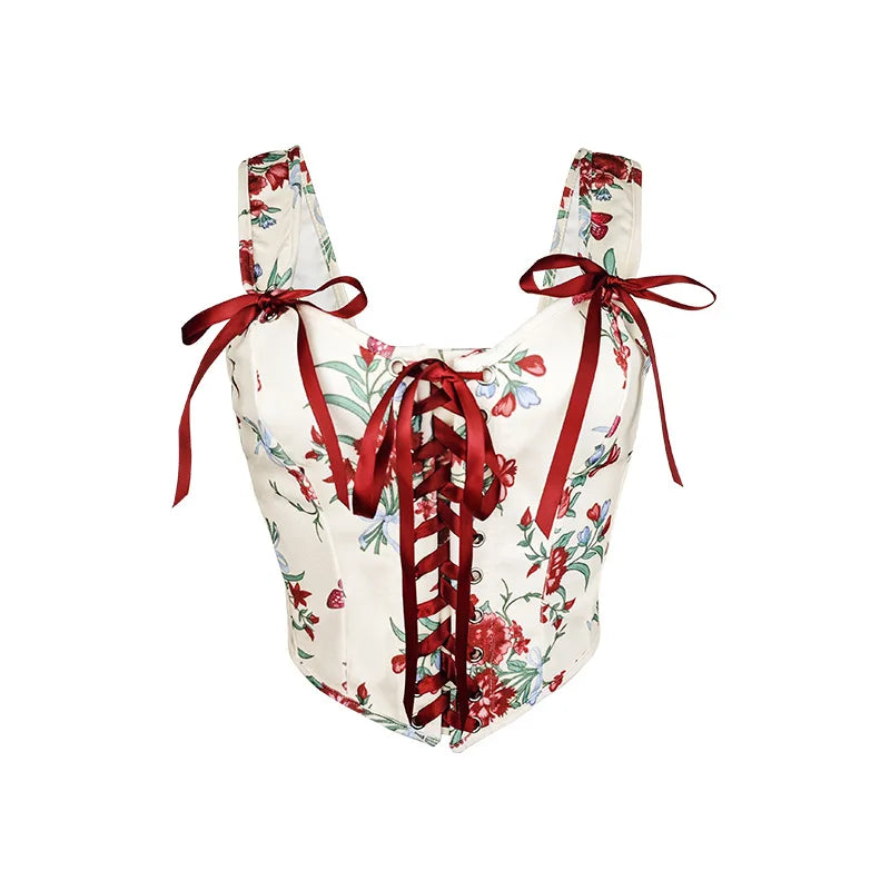 European Vintage Bow Corset Tops Sexy Floral Corset Bustier Crop Top Tank Lace Up Camisole For Women Going Out Outfit Bodyshaper