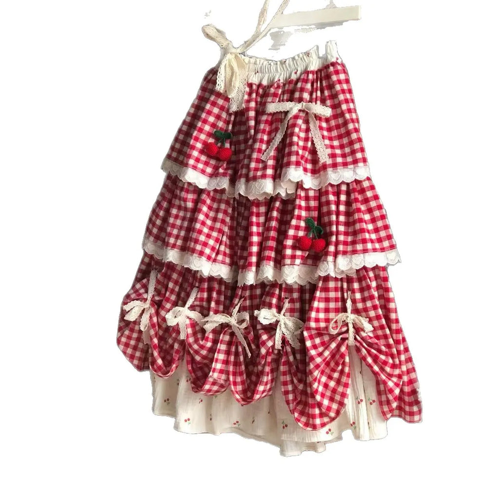 Sweet Multi-Layered Ruffle Cake Skirt Women's Parisian Cottagecore Cherry Design Lace Half Skirt Fresh And Cute Style Midi Skirt