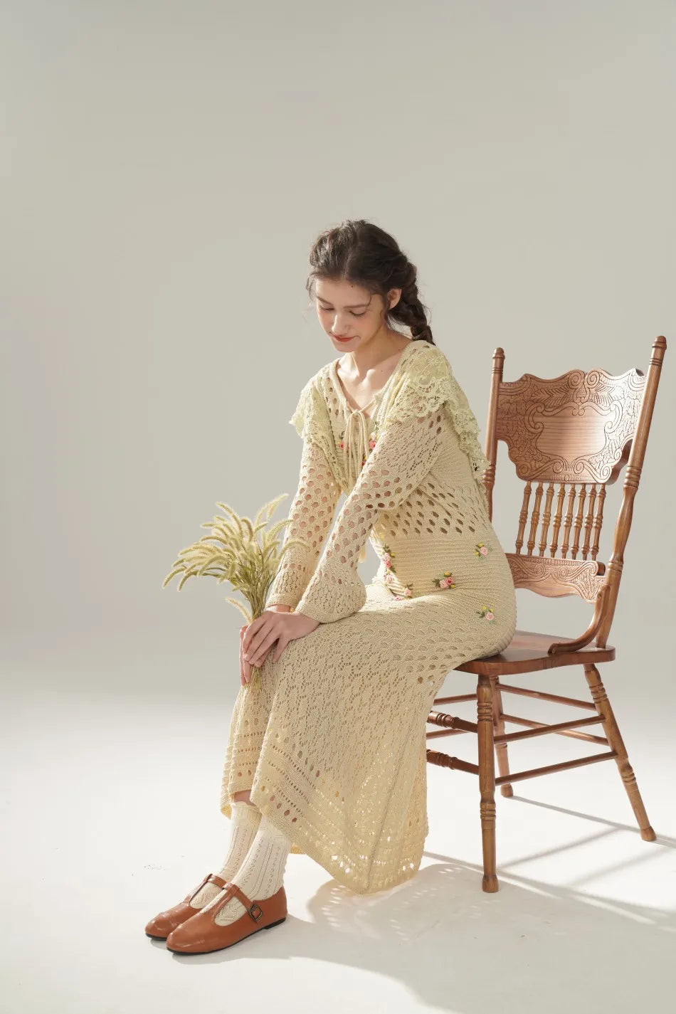 The Versailles Rose Knitted Fishtail | Hand-Embroidered Silk Blend Dress | French V-Neck Gown | Parisian Princess