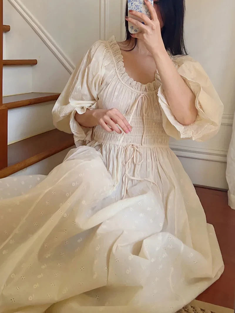 Cotton Embroidery French Languid U-Neck Ruffles Princess Nightgown Lace-up Vintage Fairy Night Dress Spring Pajamas Sleepwear