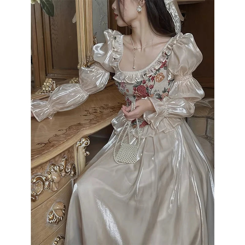 The Trianon Fairy Midi | Vintage Floral Puff Sleeve Prom Dress | Elegant Luxury Print Summer Gown | Parisian Princess