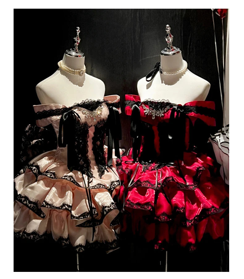 Princess Romantic Date Anniversary Wedding Party Pink Dress Girls Women's Sweet Lolita Halter Off-Shoulder Ball Gown Dresses