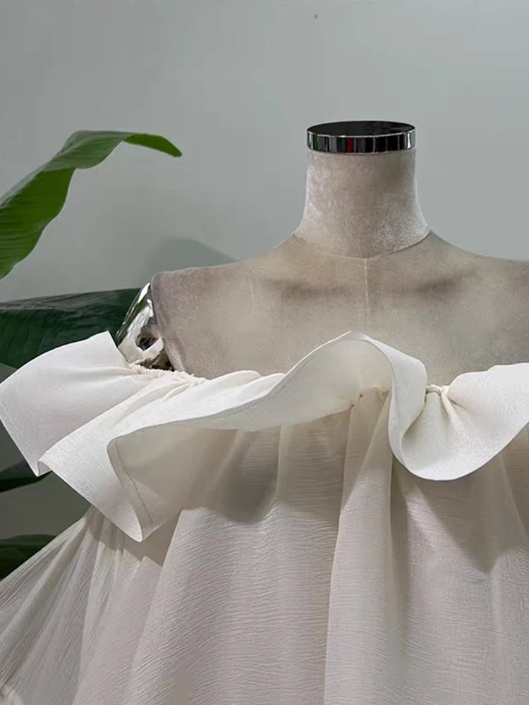 French one-shoulder ruffled strapless dress autumn women's wear princess dress fashionable loose puffy dress