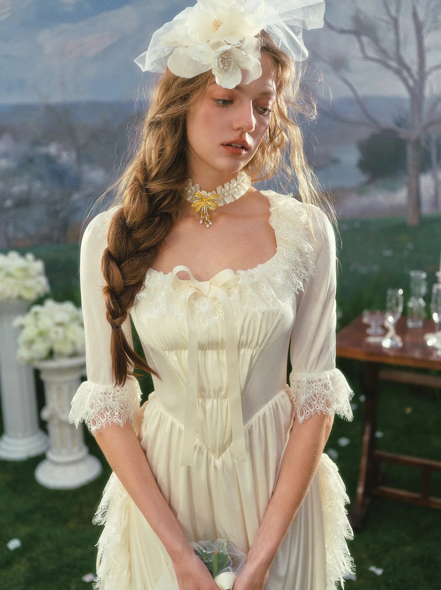 The Swan Regina Gown | French Vintage Court Satin Dress | Elegant Square Neck Wedding Maxi | Parisian Princess