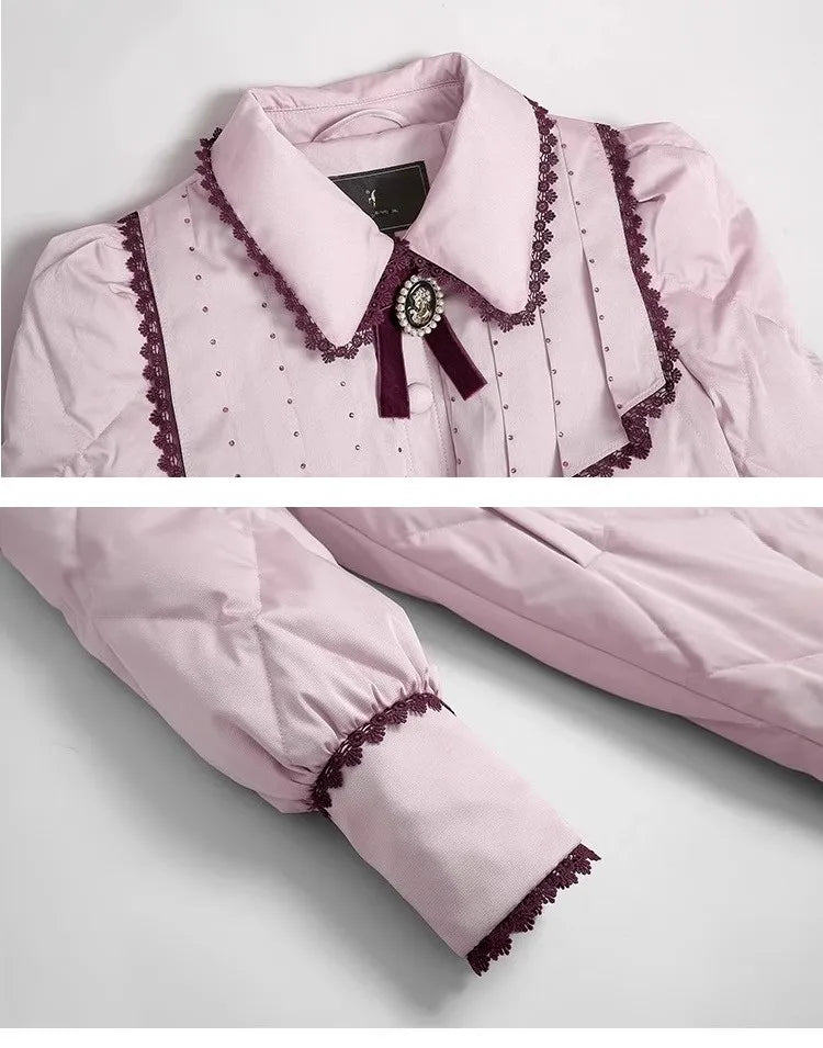 The Grand Trianon Gown Coat | Parisian Longline Bow-Waist Puffer | Elegant Doll Collar Lace-Up Down Jacket | Parisian Princess