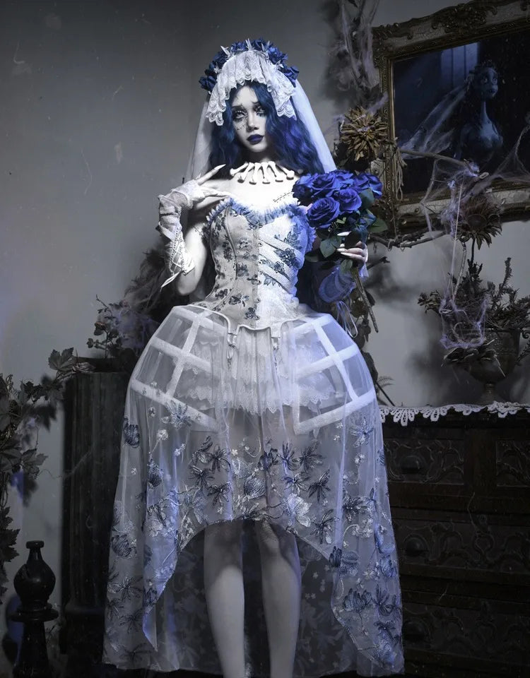 Parisian White Gothic Dress Birdcage Tube Emboridery Zombie Bride Slip Dress Palace Holloween Party Dresses Vestido Large