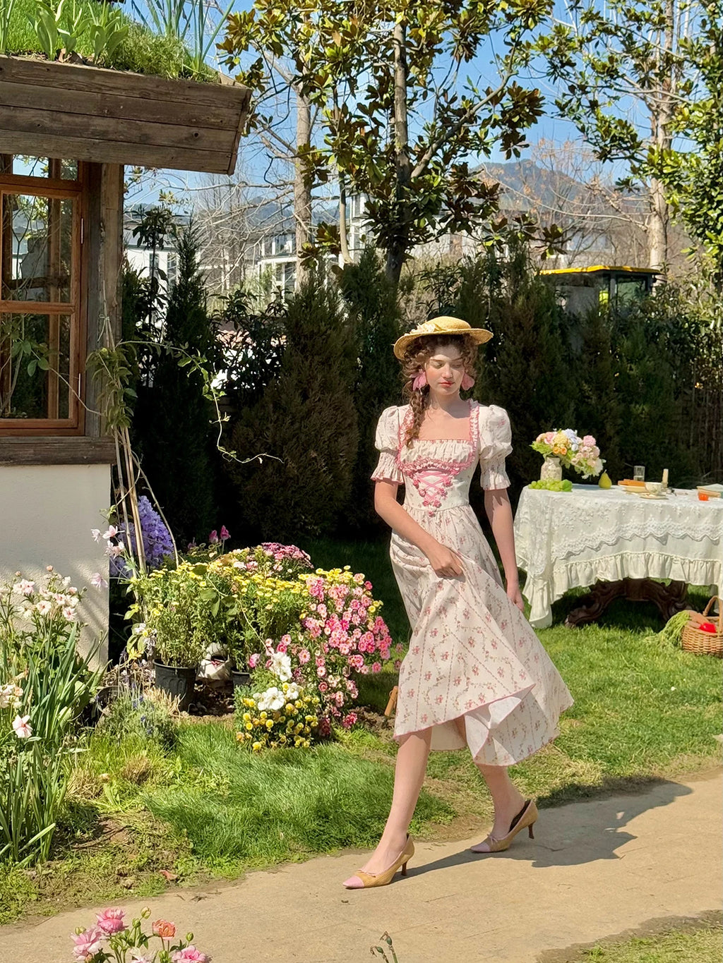 The Giverny Floral Cotton Gown | Square Neck Puff Sleeve Midi | French Countryside Prairie Dress | Parisian Princess