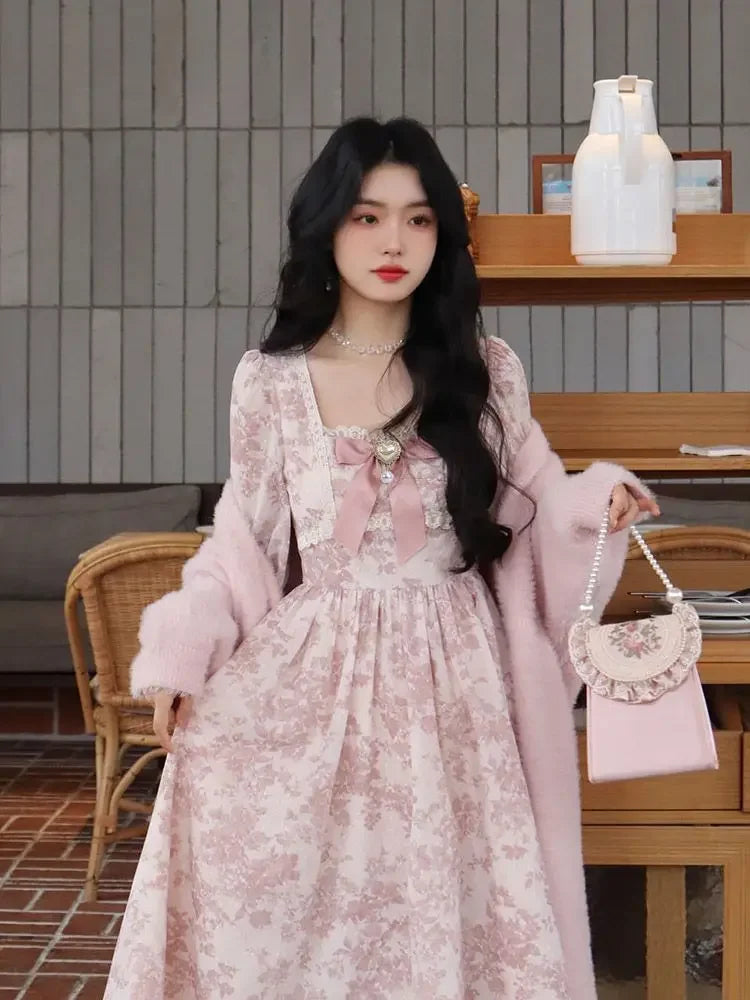 French Sweet Floral Long Sleeve Women's Dress Autumn Elegance Waist Cinched Gentle Fairy Skirt Polyester Fiber Square Collar Ank