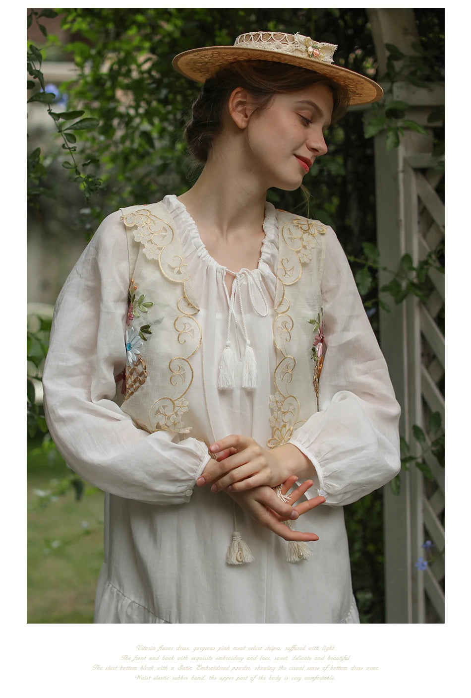 The Antoinette Tassel Embroidery Vest | French Antique Floral Cotton Gilet | Open-Stitch V-Neck | Parisian Princess