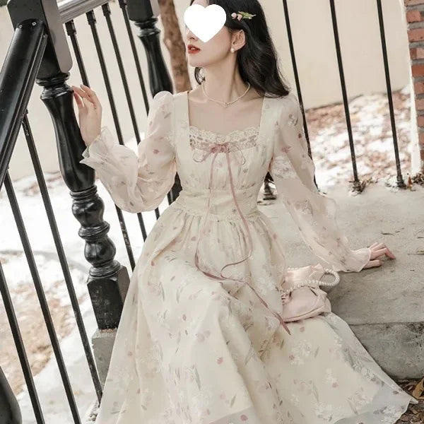Autumn Winter Women's Long Sleeve Square Collar Chiffon Floral Print Slimming Dress Midi Length Empire Waistline Fashionable