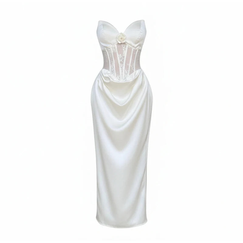 The Palais Satin Corset Gown | White Lace Hollow-Out Split Dress | Backless Coquette Party Maxi | Parisian Princess