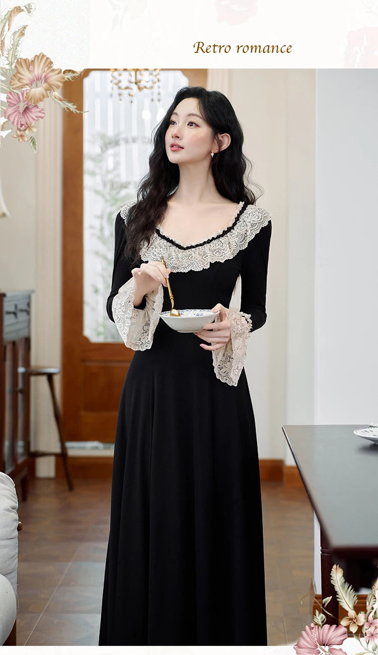 Vintage Black Knitted Basic Dress Woman Retro French Style Lace Collar Flare Sleeve Elegant Lady Long Dresses Vestido Negro