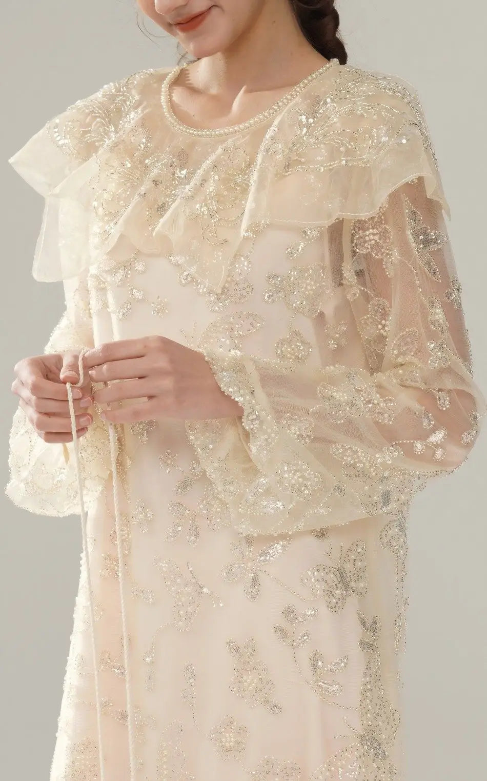 The Tuileries Summer Dream | Elegant Loose Luxury Embroidery Gown | Glittering Sequin Butterfly Pattern Midi | Parisian Princess