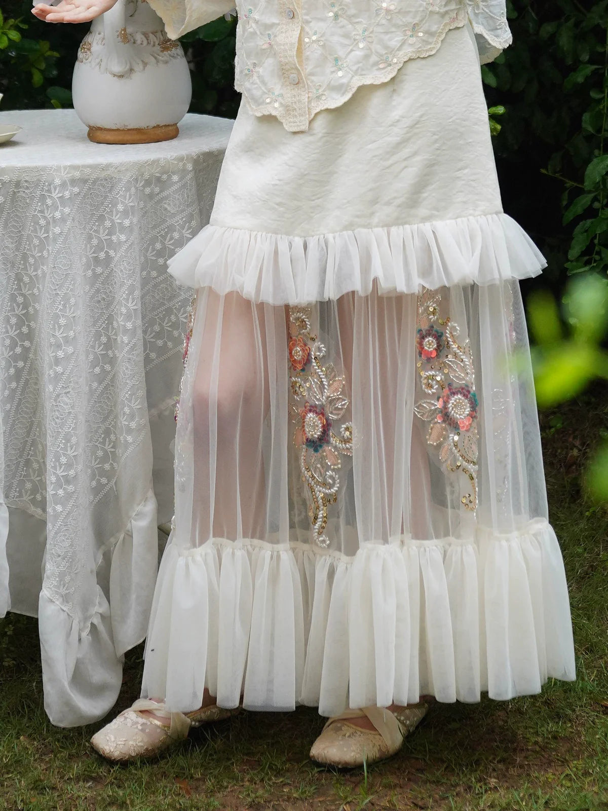 The Aurelia Beaded Gauze Skirt | Hand-Stitched Apricot Maxi | French Flounce Skirt with Ear Fringe | Parisian Princess