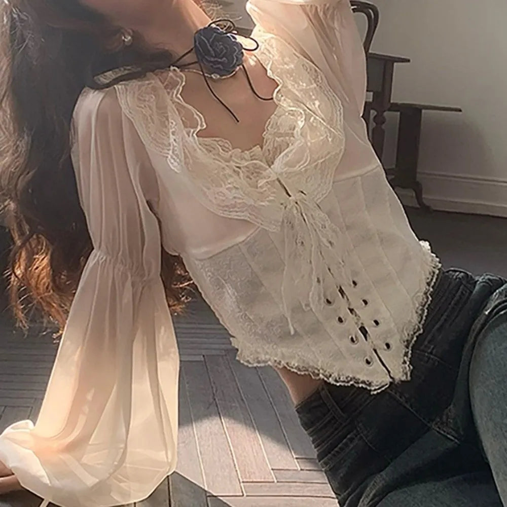 The Élodie Chiffon Manteau | Parisian Ruffled Lace Blouse | Retro Mesh Lantern Sleeve Top | French Riviera Vacation Blouse