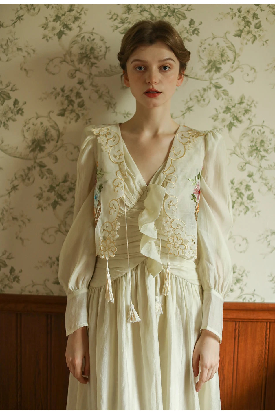 The Antoinette Tassel Embroidery Vest | French Antique Floral Cotton Gilet | Open-Stitch V-Neck | Parisian Princess
