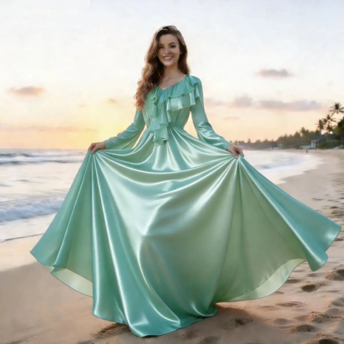 The Petit Trianon Ice Silk Sleep Gown | Glossy Satin Ruffle Maxi | Butterfly Sleeve Nightdress | Parisian Princess