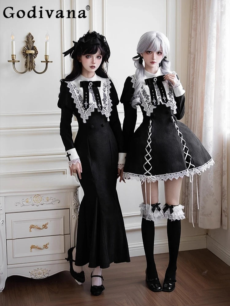 Original French Elegant Court Black Long Mermaid Dresses Op Autumn New Women's Slim Fit Lolita Long Sleeve Dress Gothic Dresses