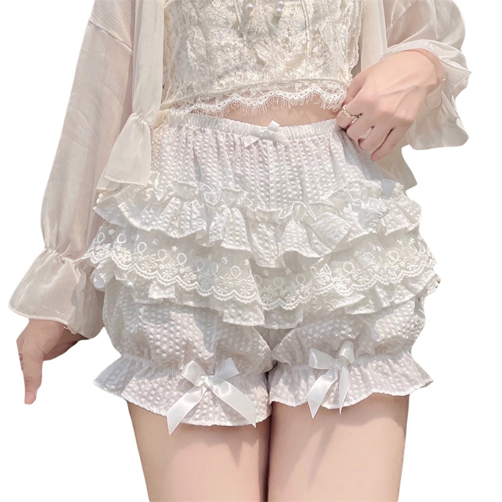 Women s Fashion Bloomers Shorts Lace Layered Ruffle Bowknot Elastic Waist Short Pants Summer Casual Shorts