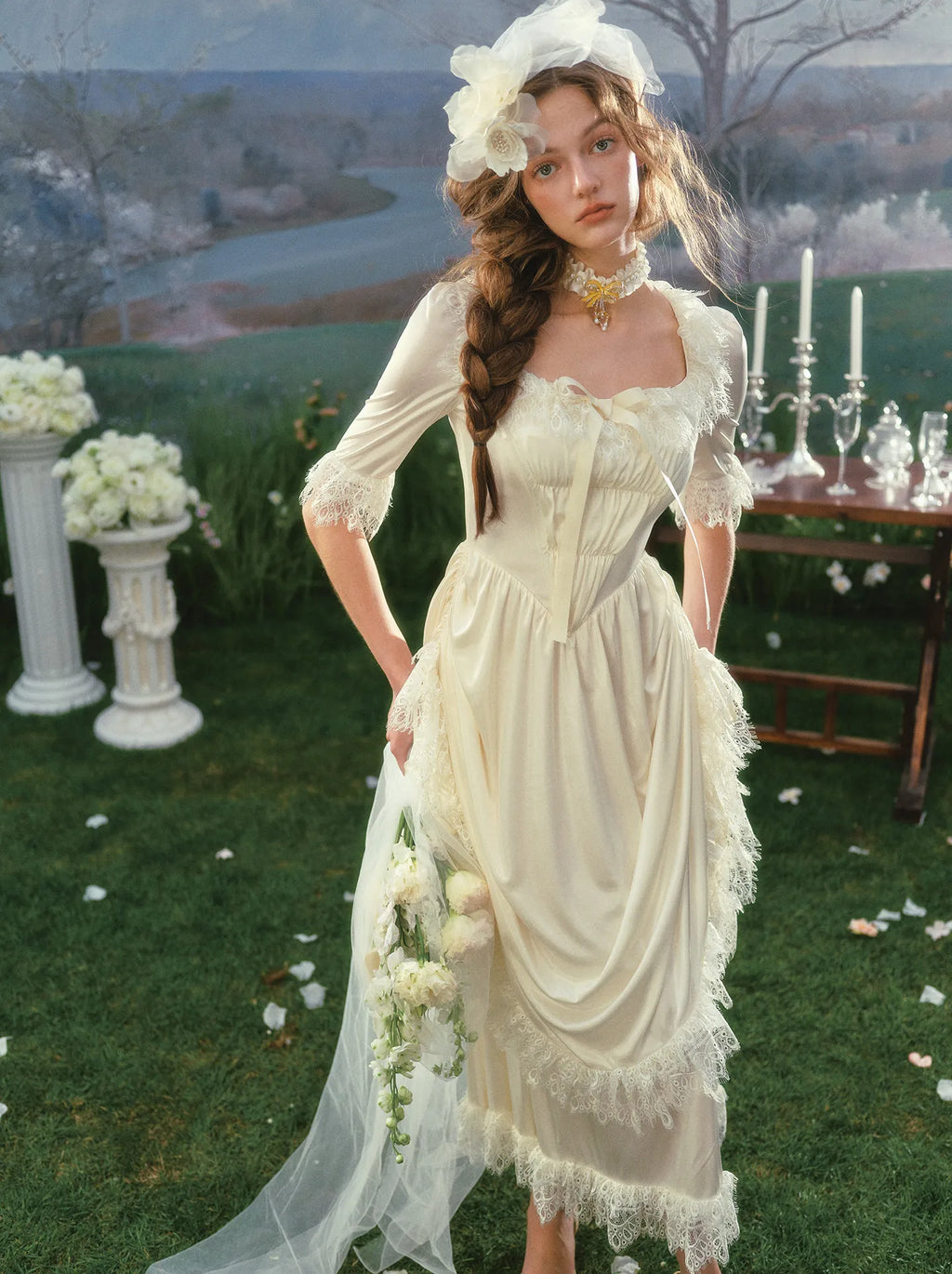 The Swan Regina Gown | French Vintage Court Satin Dress | Elegant Square Neck Wedding Maxi | Parisian Princess