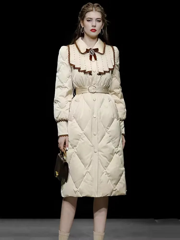 The Grand Trianon Gown Coat | Parisian Longline Bow-Waist Puffer | Elegant Doll Collar Lace-Up Down Jacket | Parisian Princess