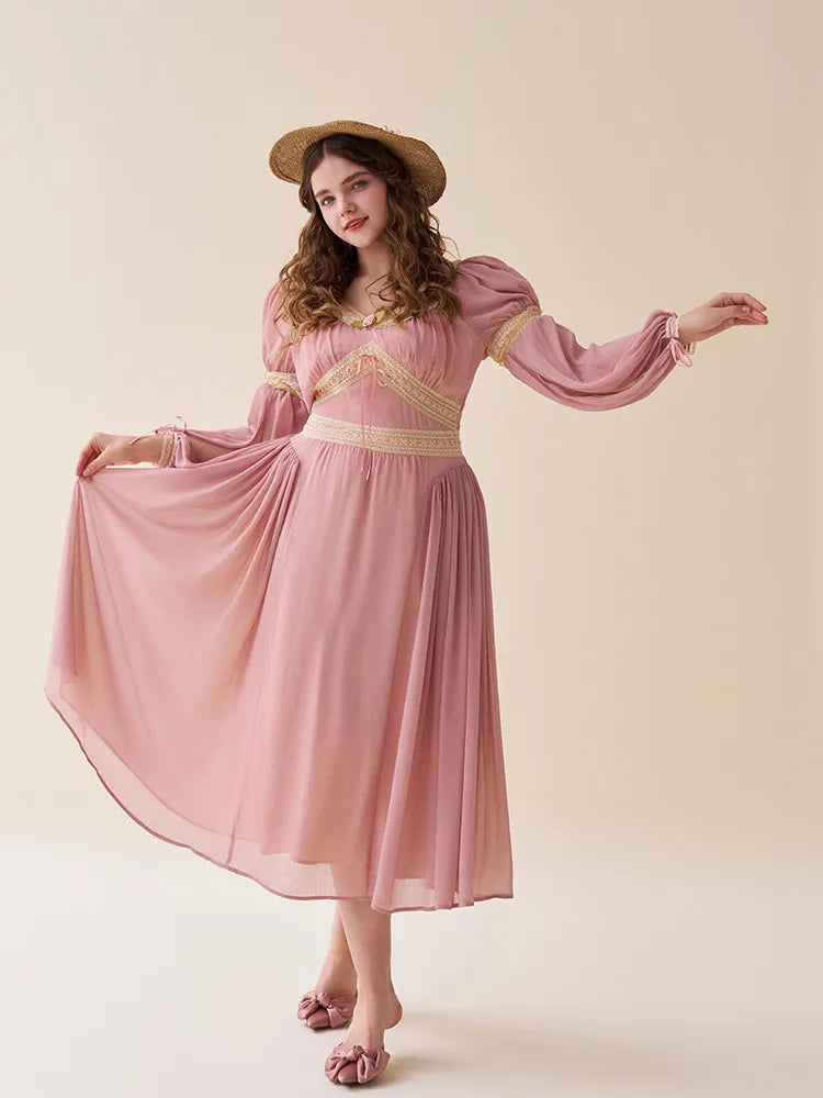 The Bagatelle Rose Garden Gown | French V-Neck Chiffon Midi | Vintage Empire Waist Plus Size Dress | Parisian Princess