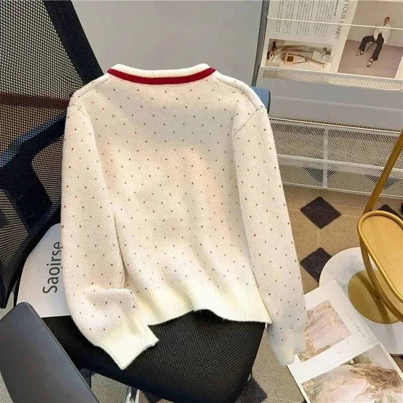 Red Polka Dot Short Knitted Sweater Coat Women's Spring Design Sense Self-Preserving Style Full Sleeve round Neck Top