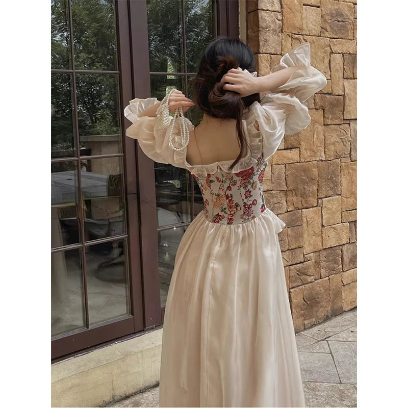 The Trianon Fairy Midi | Vintage Floral Puff Sleeve Prom Dress | Elegant Luxury Print Summer Gown | Parisian Princess