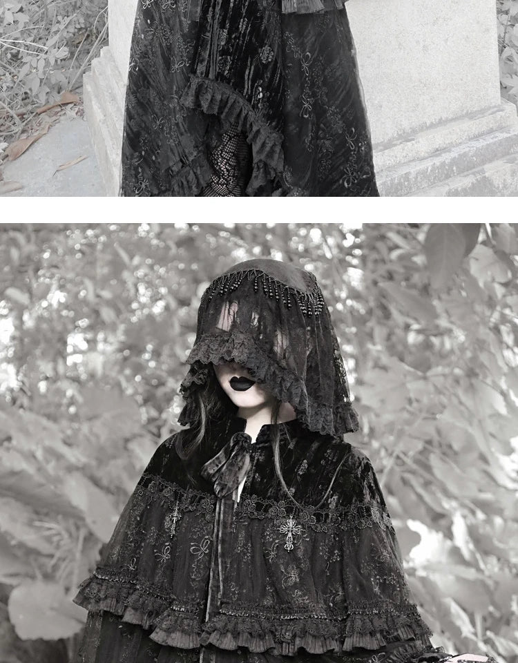 The Gothica Classical Noir Headdress | Heavy Lace Covering & Dark Veil Headband | Gothic Novelty Hairband | Parisian Princess
