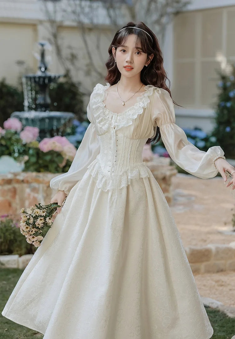 Retro French Court Fairy Princess Dress Woman Vintage Victorian Style Jacquard Lace Puff Sleeve Gatsby Dresses For Romantic Lady