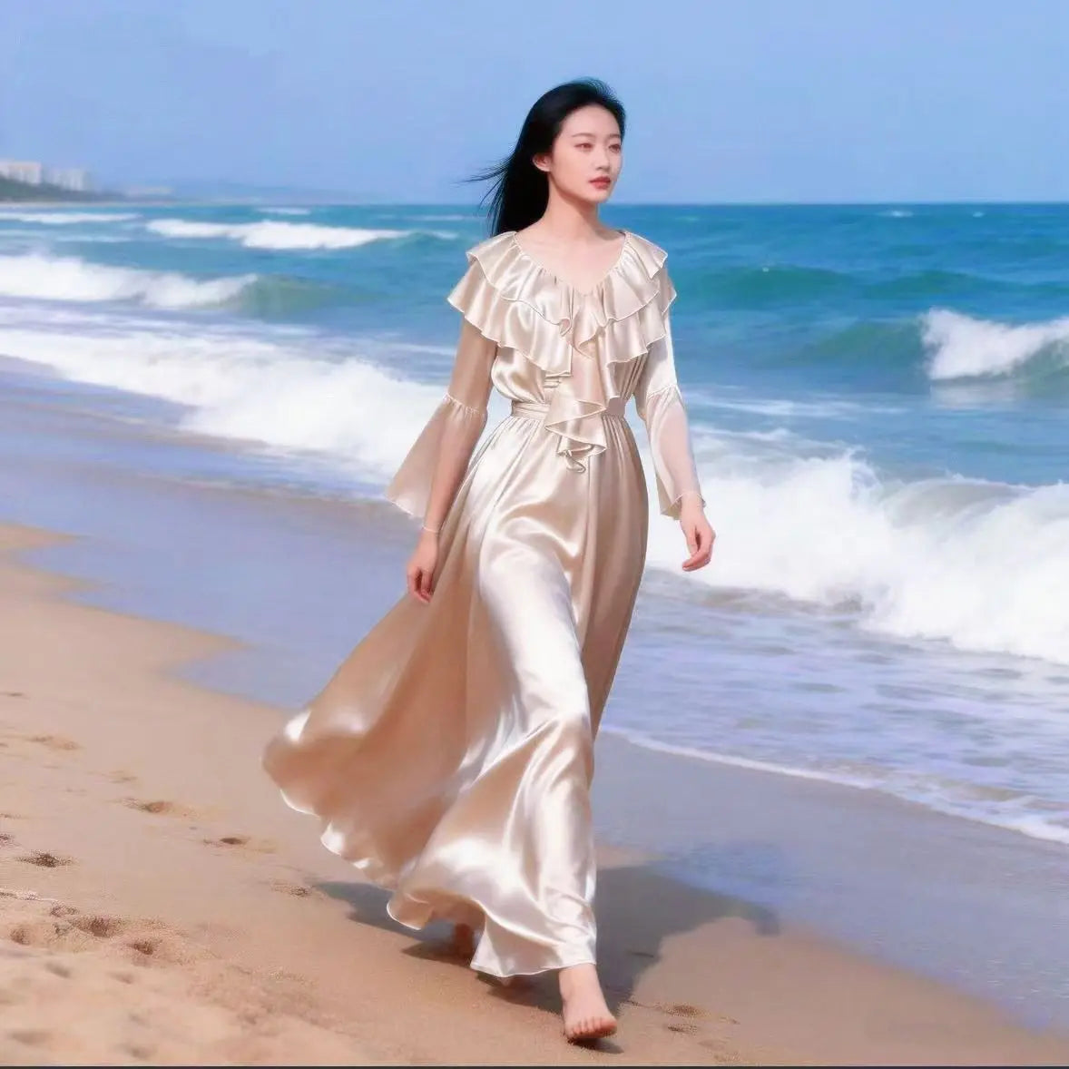 The Petit Trianon Ice Silk Sleep Gown | Glossy Satin Ruffle Maxi | Butterfly Sleeve Nightdress | Parisian Princess