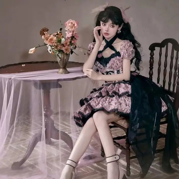 Dophee Original Lolita Flower Wedding Dress Set Gothica Black Pink JSK Dress Elegant Ruffles Mesh Spring Summer OP Dress