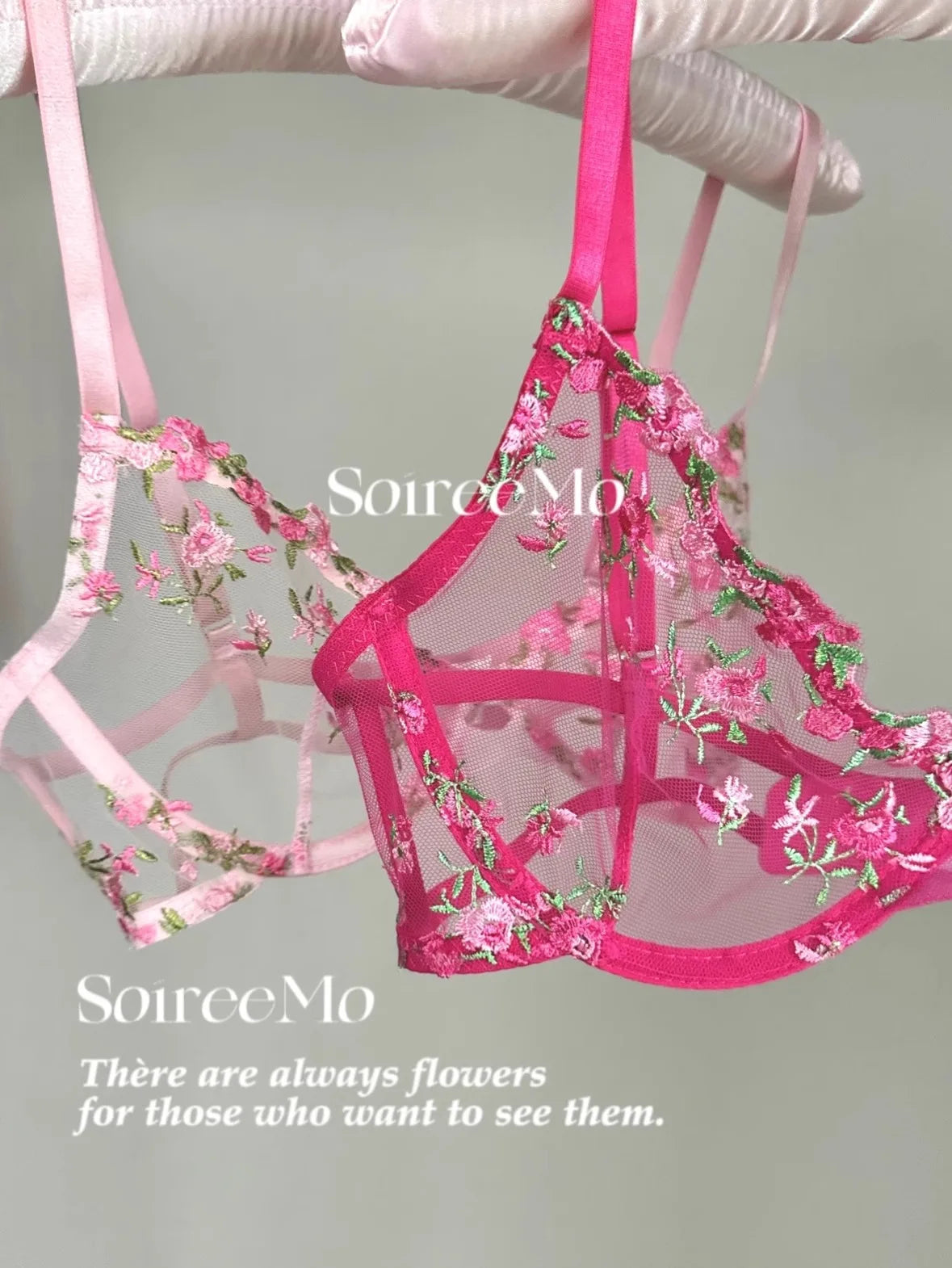 Parisian French Lingerie Set Sheer Tulle, Pink Floral Embroidery Bra Bralette, Sexy Pure Matching Set BANERDANNI Sexy Tushy Bras