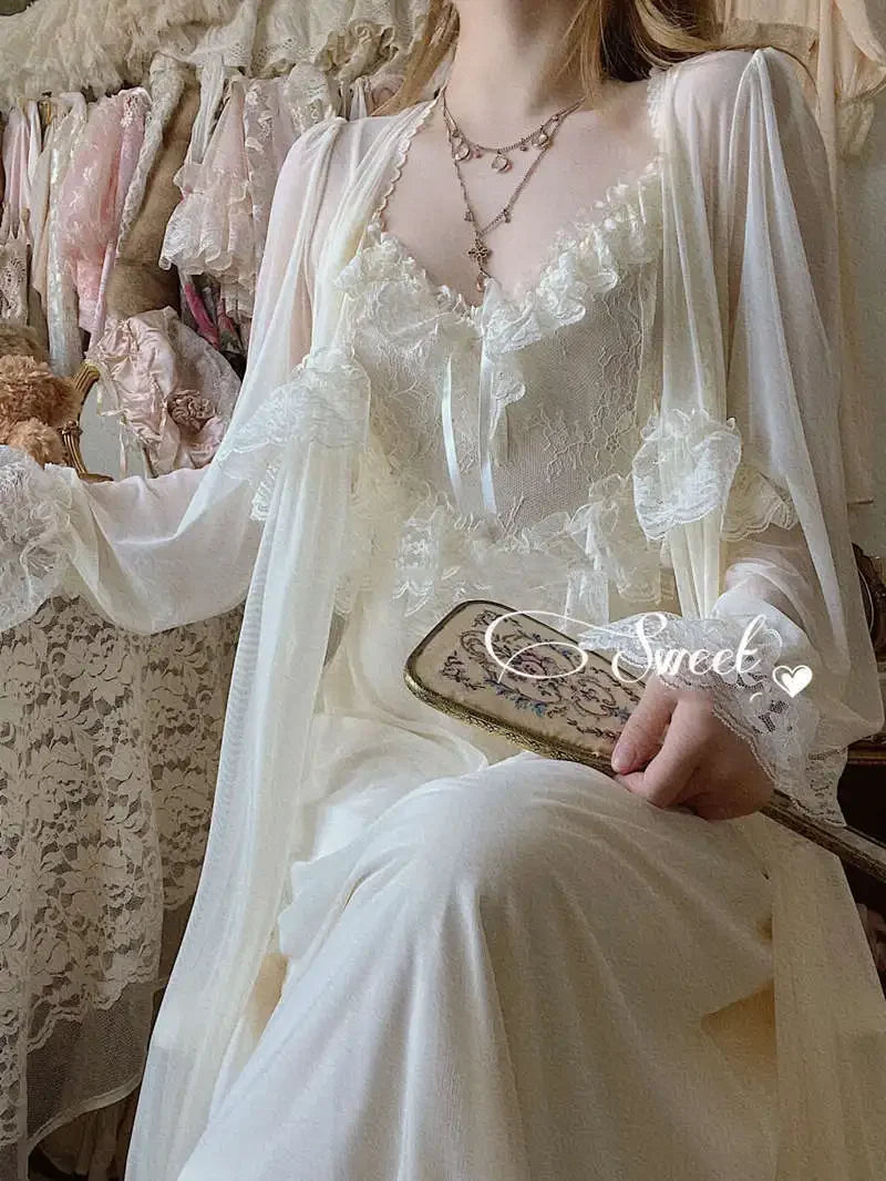 Vintage Female Court Style Thin Tulle Robe/Nightdress Ladies Princess Nightgowns Fairytale Pajamas Sleepwear Women's Clothing