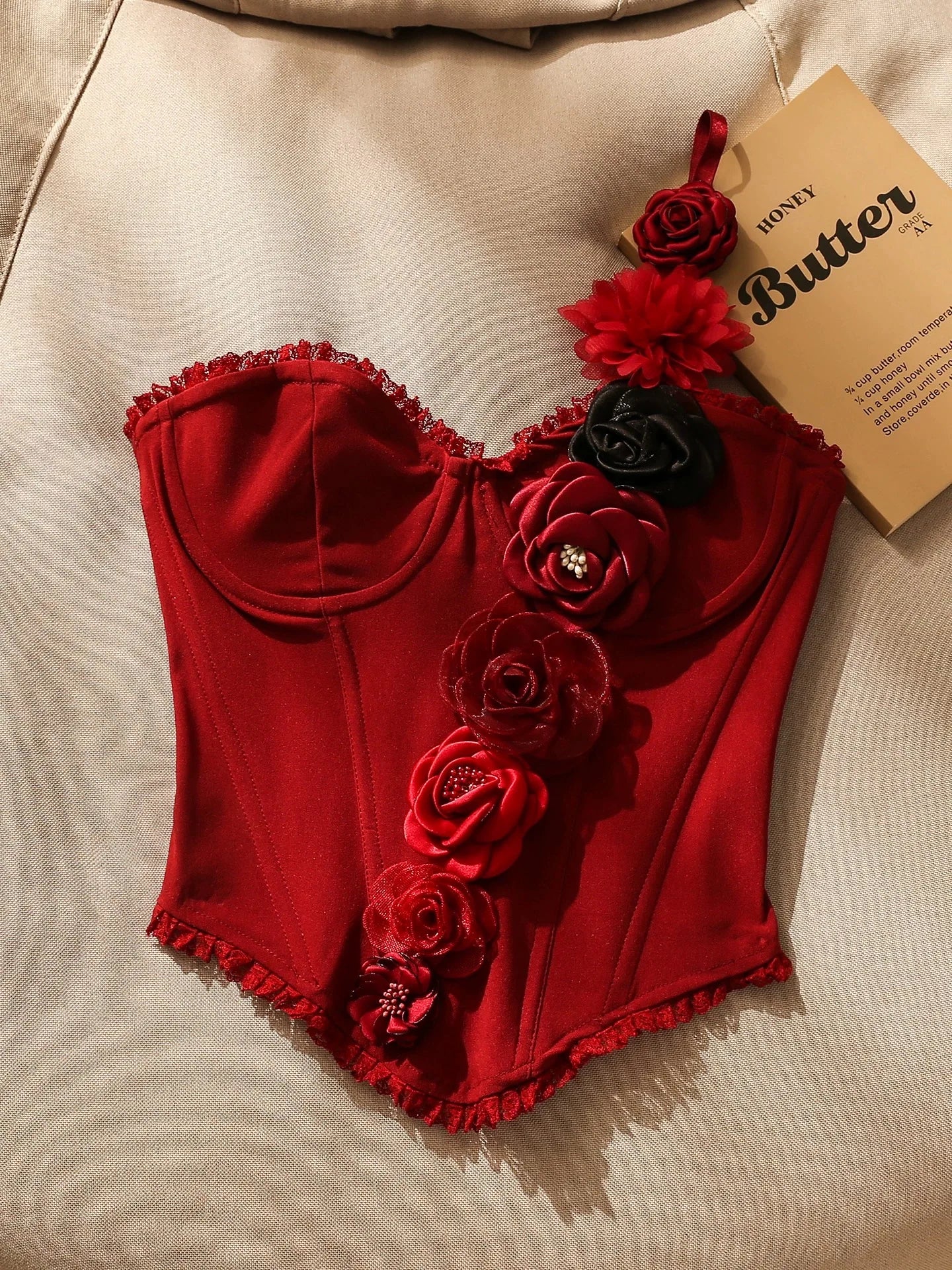 Palace-style elegant red 3D floral corset, stylish solid color corset for hot girls, performance party and evening wear