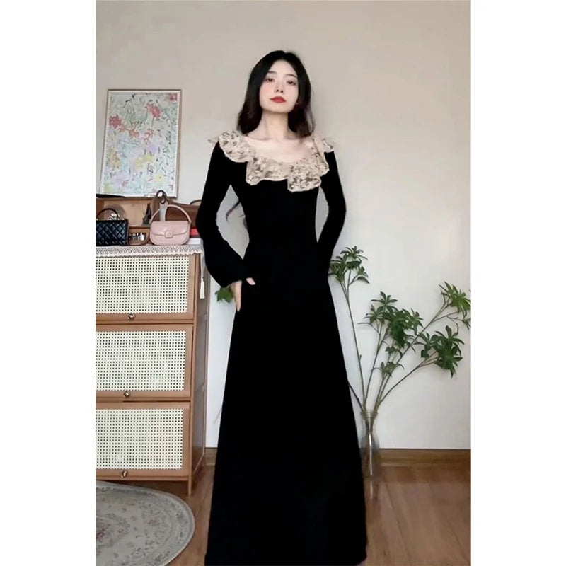 Vintage Lace Black Midi Dress Women Party Sexy Slash Neck Bandage Dresses Autumn Korean Elegant Long Sleeve Bodycon Vestidos New