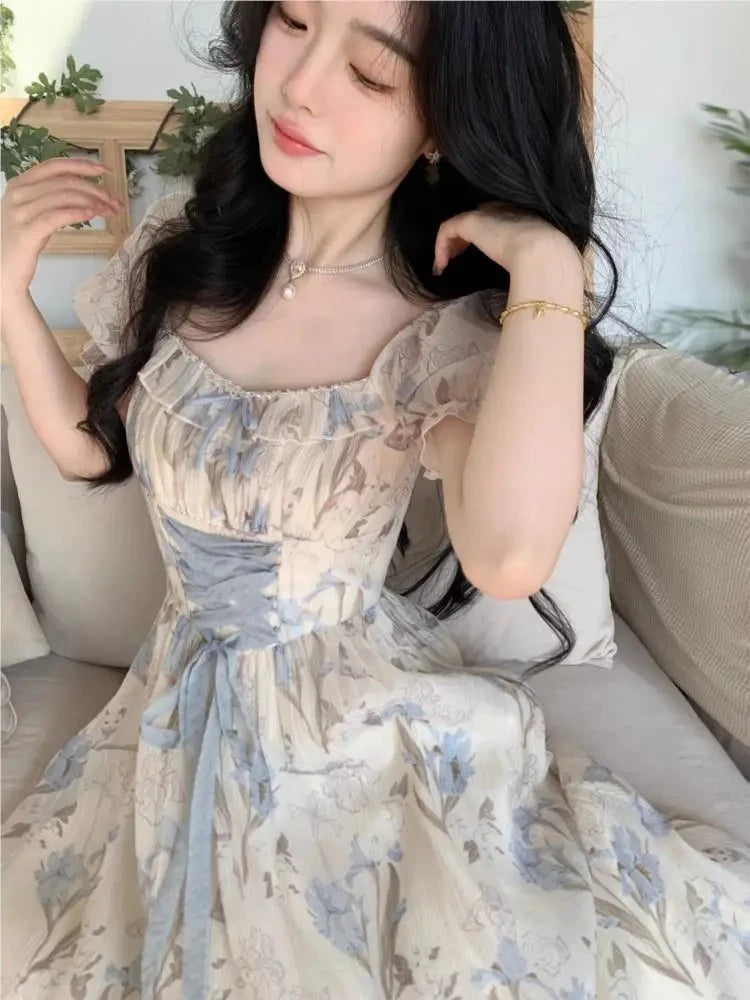 The Trianon Fairy Midi | Parisian Lace Puff Sleeve Princess Gown | Summer Fairycore A-Line Party Dress | Parisian Princess