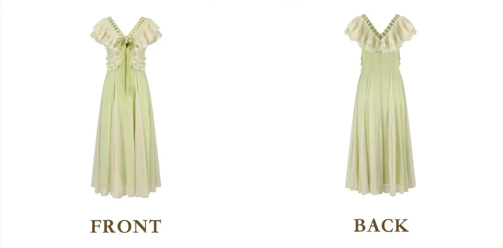 The Spring Meadow Butterfly Lace Gown | French Pastoral V-Neck Midi | Empire Waist Princess Dress | Parisian Princess