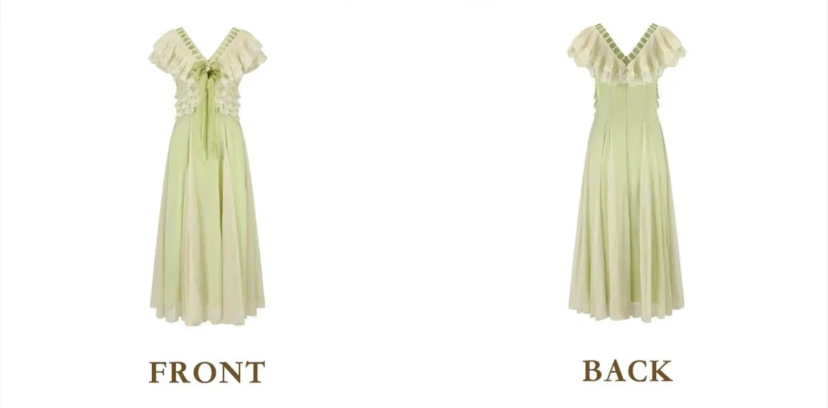The Spring Meadow Butterfly Lace Gown | French Pastoral V-Neck Midi | Empire Waist Princess Dress | Parisian Princess