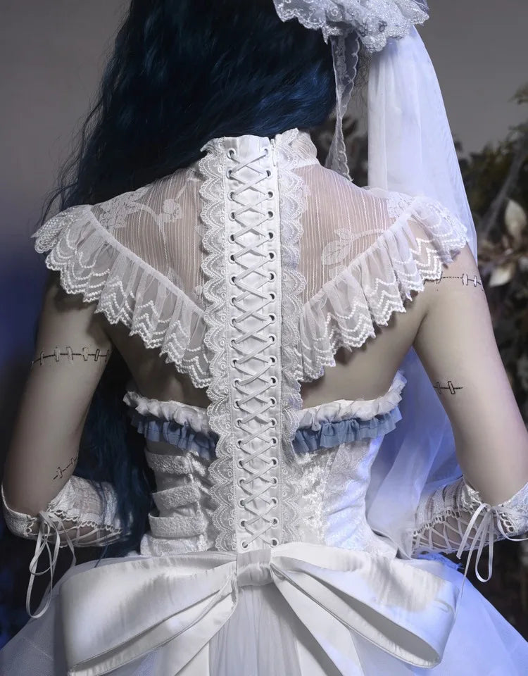 The Gothica White Gothic Dress | Zombie Bride Spine Lace Gown | Chiffon Tailed Party Dress with Cape | Parisian Princess