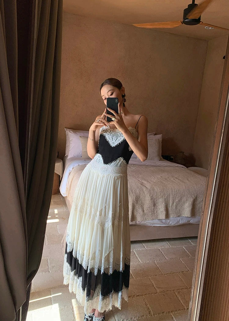 The Midnight Shore Gown | Gothica Summer Holiday Suspenders Dress | Backless Lace Patchwork Vacation Sling | Parisian Princess