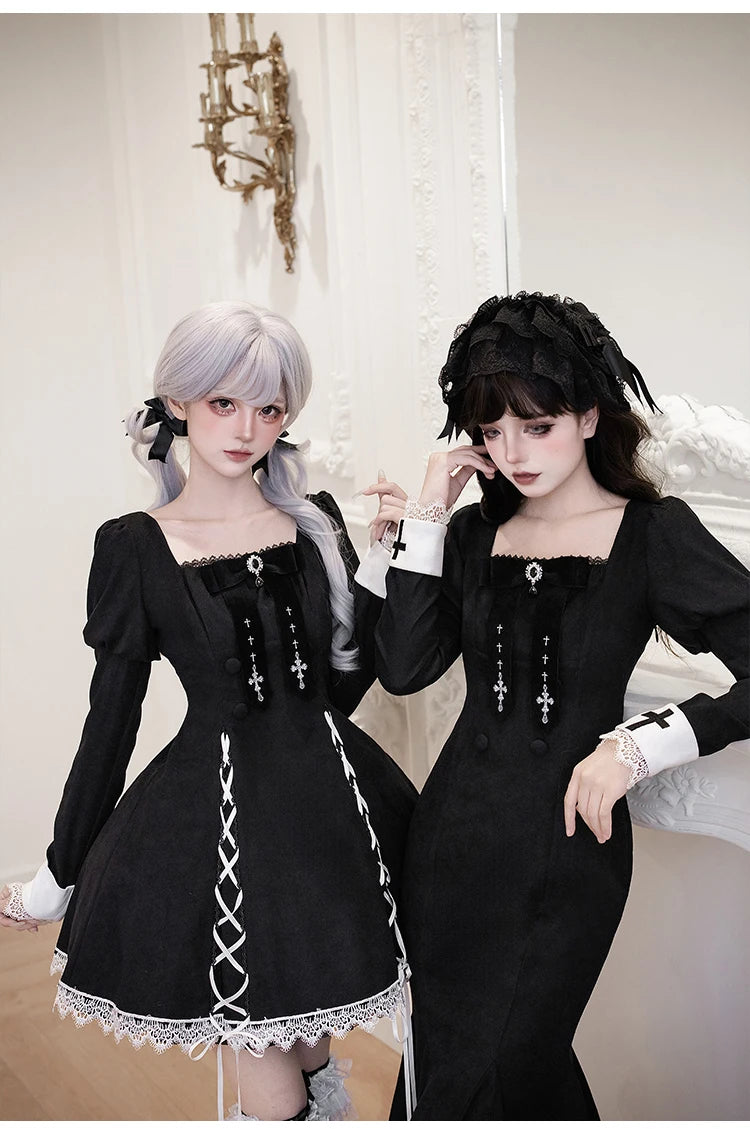 Original French Elegant Court Black Long Mermaid Dresses Op Autumn New Women's Slim Fit Lolita Long Sleeve Dress Gothic Dresses