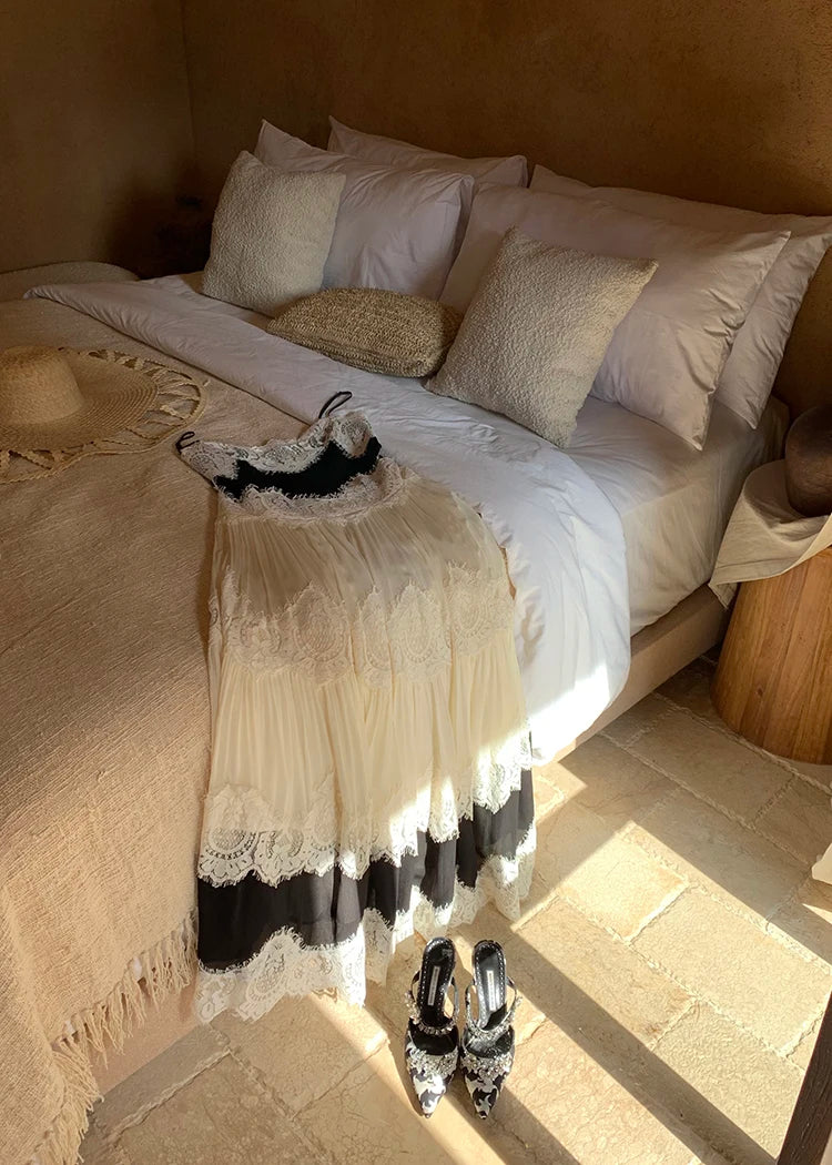 The Midnight Shore Gown | Gothica Summer Holiday Suspenders Dress | Backless Lace Patchwork Vacation Sling | Parisian Princess