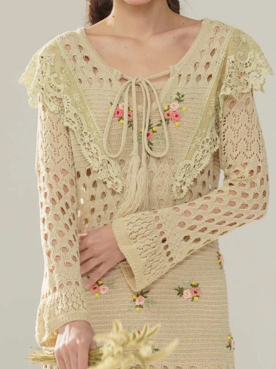 The Versailles Rose Knitted Fishtail | Hand-Embroidered Silk Blend Dress | French V-Neck Gown | Parisian Princess