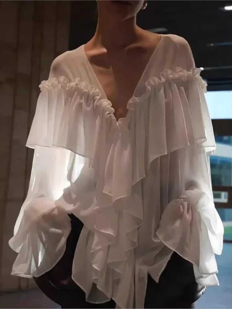 The Éclat Summer Tiered Blouse | French V-Neck Gauze Top | Ethereal Loose Fit Manteau | Parisian Princess