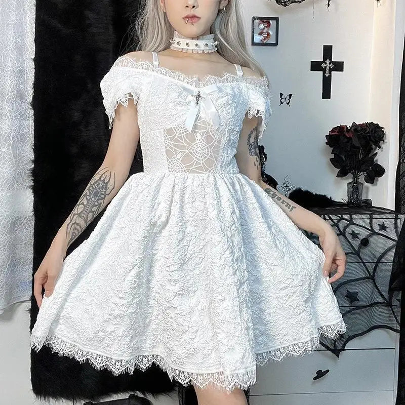 Gothica Lace Short Dress Women Cobweb Patchwork Short Sleeve Cold Shoulder Halloween Outfit Horror Ruffle Trim Costume