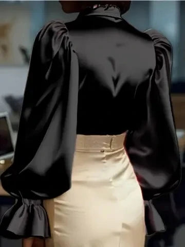 The Parisian Executive Satin Blouse | Ruffled Cuff Button-Down | Chic Office & Casual Silk-Touch Top | Parisian Princess